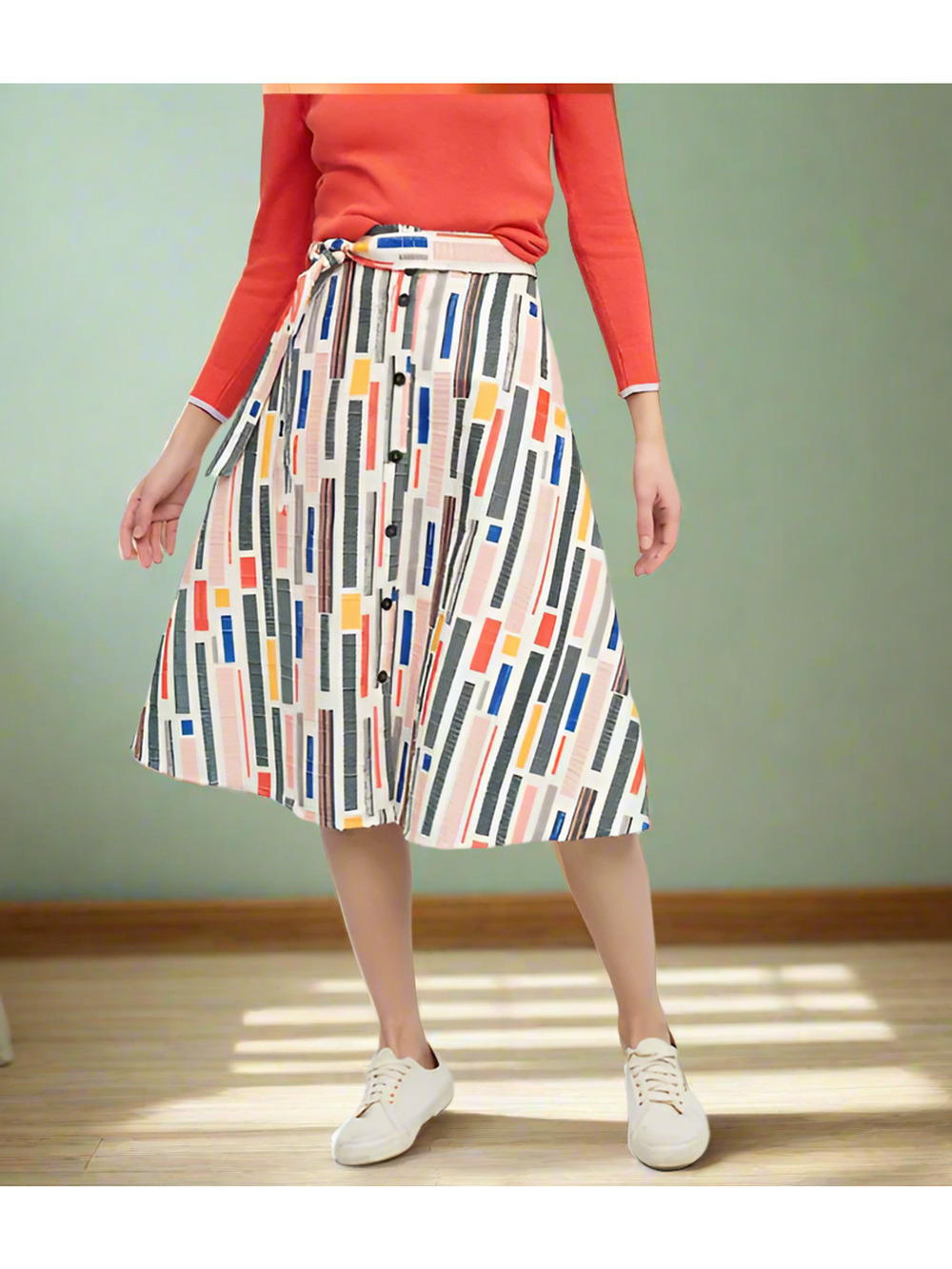 Anthropologie Hutch Striped A-Line Midi Skirt Button Front Belted 6